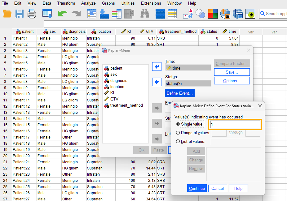 define event survival data SPSS